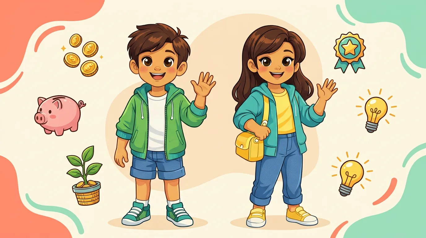 Milo and Lina, friendly cartoon kids, smiling together while learning about money